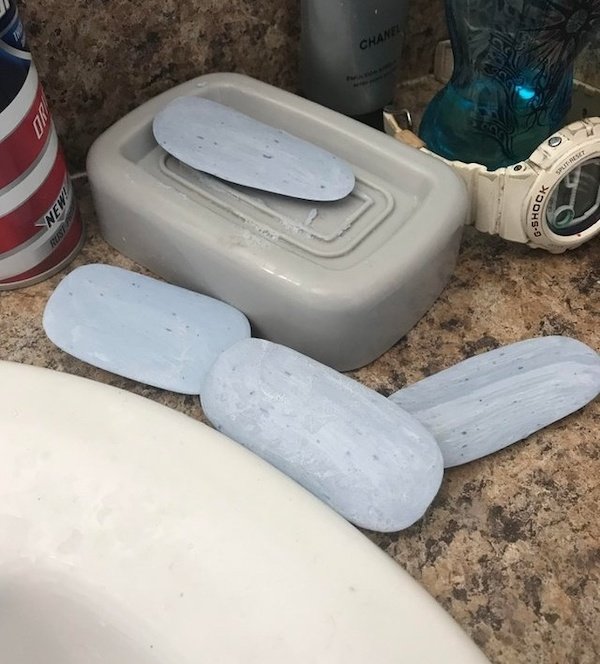 “Apparently, my husband refuses to finish a bar of soap. I found his stash.”