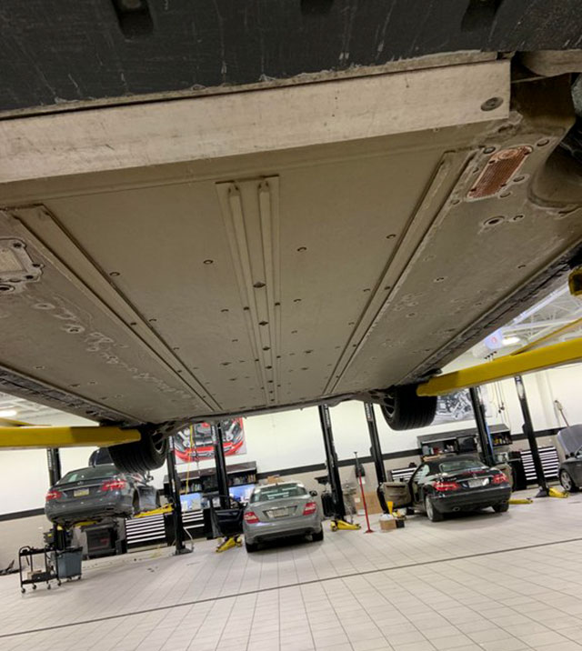 The undercarriage of a Tesla