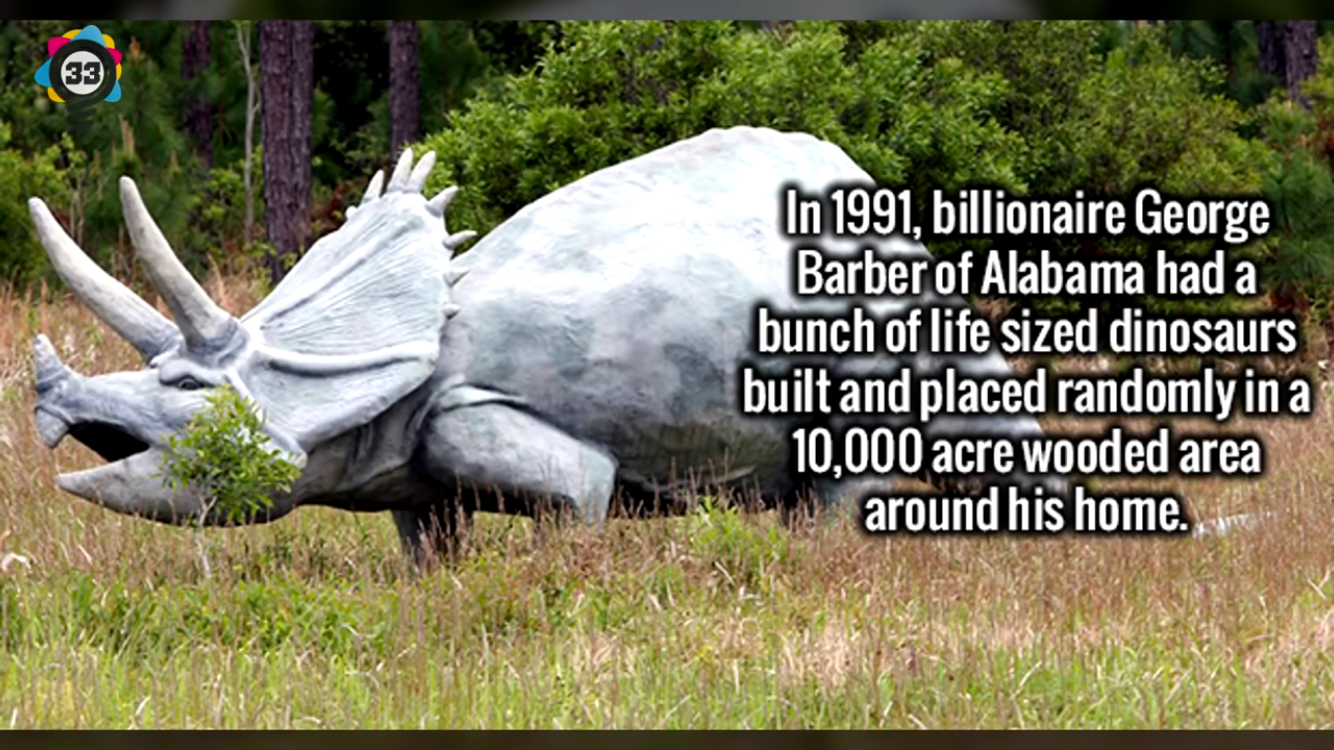 grass - In 1991, billionaire George Barber of Alabama had a bunch of life sized dinosaurs built and placed randomly in a 10,000 acre wooded area around his home.