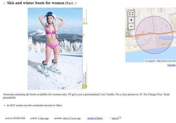 water - Skis and winter boots for women Nye O craigslist Map data OpenStr google Awesome amazing ski boots available for women only. I'll give you a personalized lonl lesson. I'm a nice person m 34. No Charge Free. Send picandinfo. do Not contact me with…