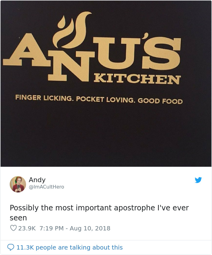 Arus Kitchen Finger Licking. Pocket Loving. Good Food Andy Possibly the most important apostrophe I've ever seen people are talking about this