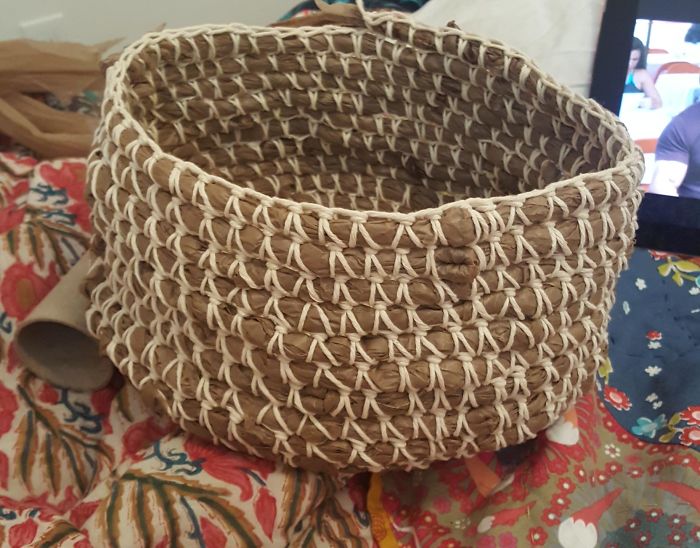 I Started Making A Basket Out Of All Of The Plastic Bags I've Been Hoarding