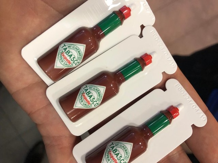 These disposable Tabasco packets in a fast food restaurant (Finland)