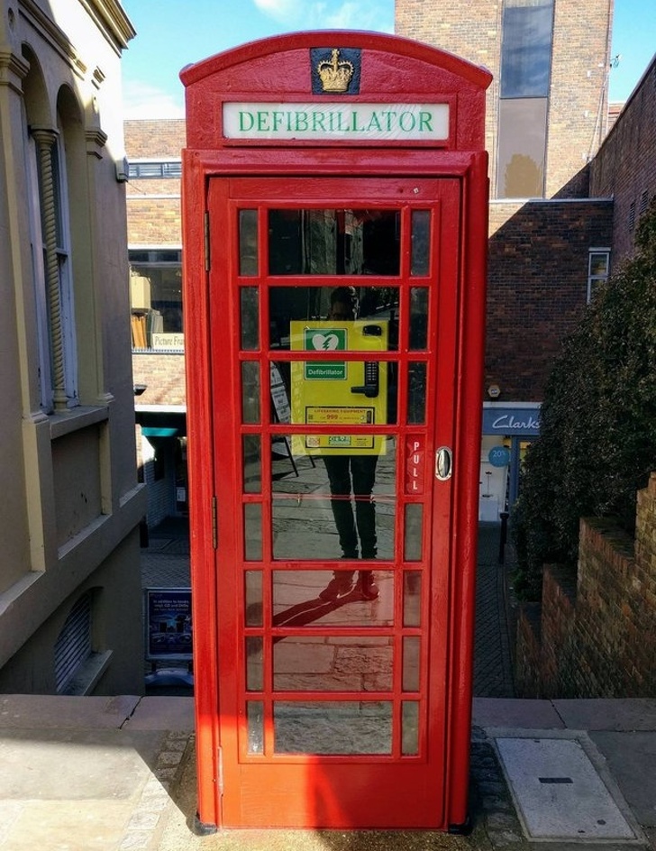 Telephone boxes are being repurposed as public defibrillators. (The United Kingdom)
