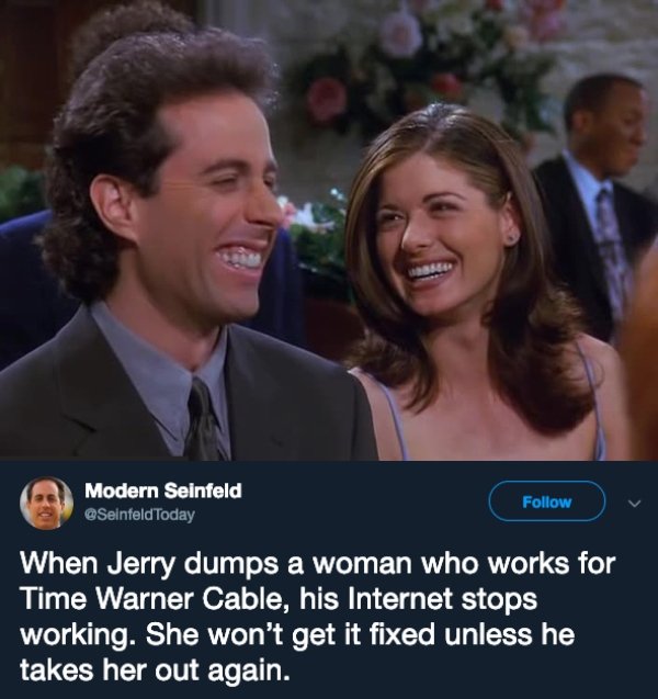debra messing seinfeld - Modern Seinfeld Today When Jerry dumps a woman who works for Time Warner Cable, his Internet stops working. She won't get it fixed unless he takes her out again.