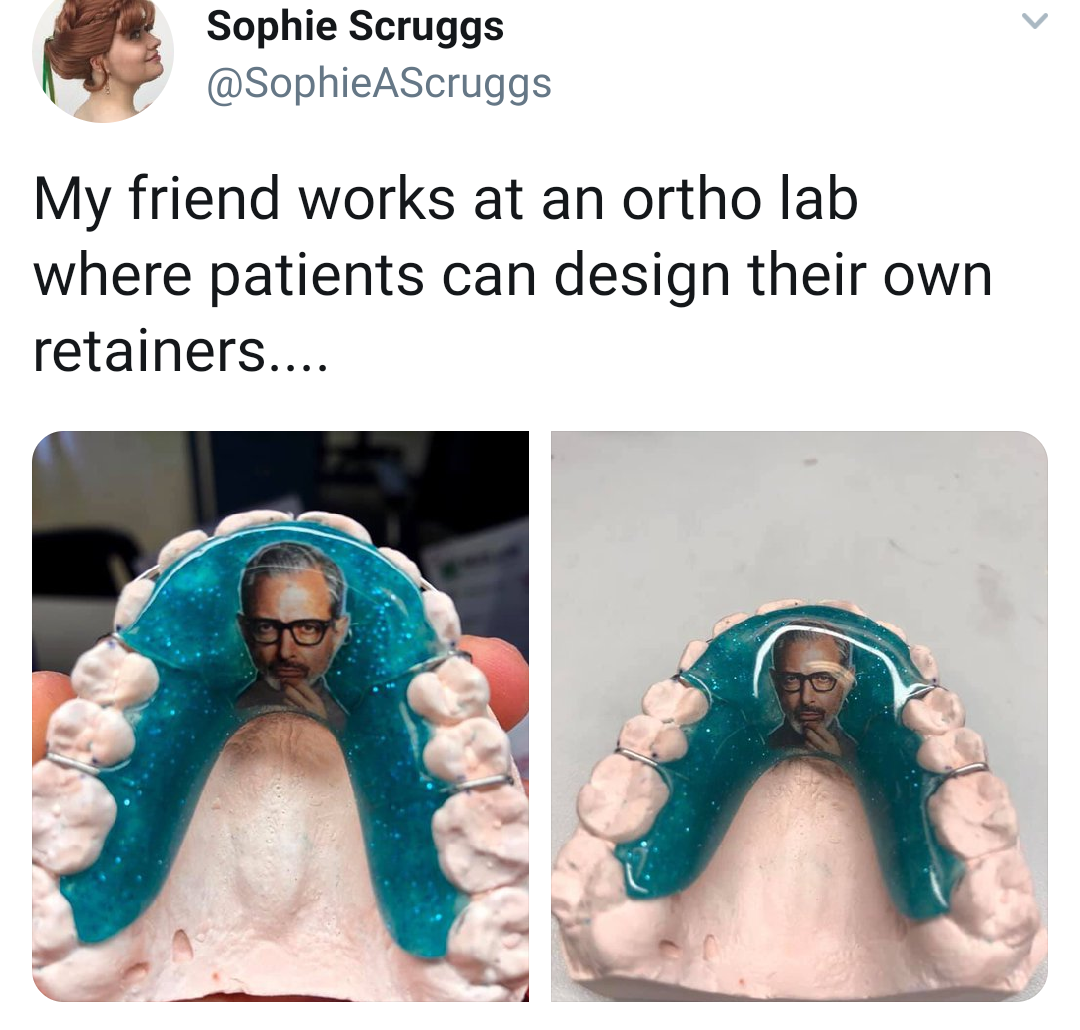 jeff goldblum retainer - Sophie Scruggs AScruggs My friend works at an ortho lab where patients can design their own retainers....