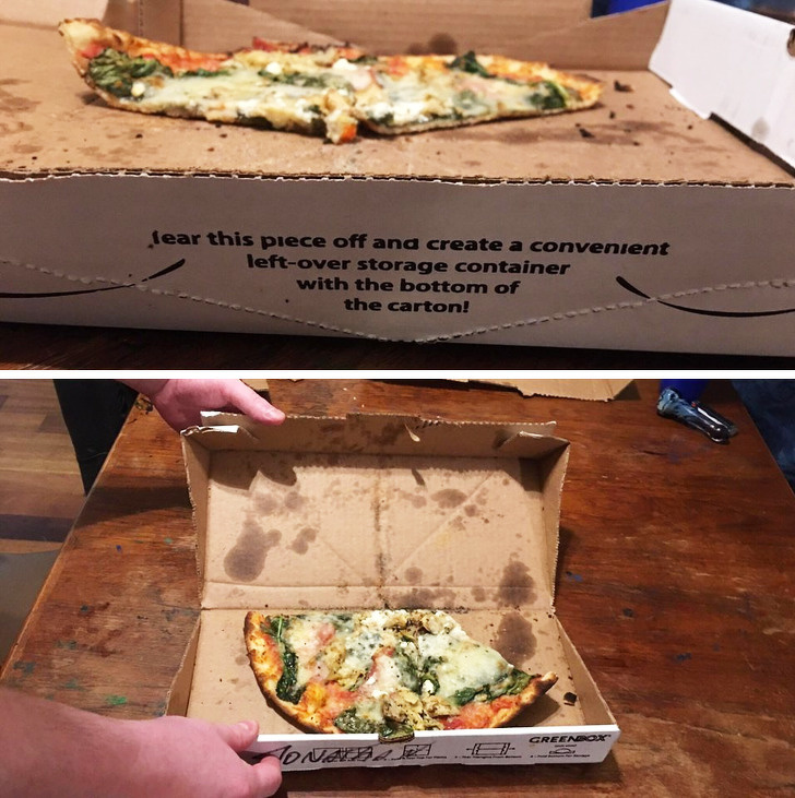 This pizza box can be torn in half and folded to create a smaller box for leftovers.