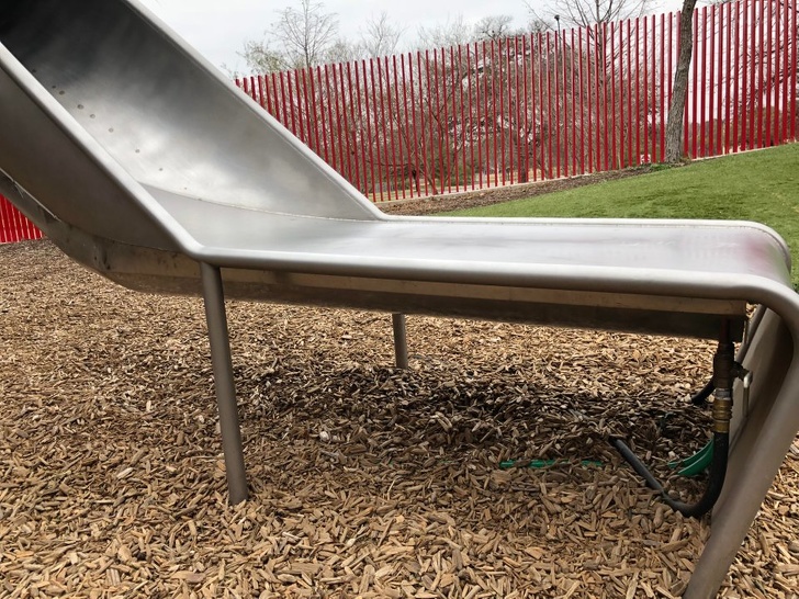 This metal slide that is water cooled so it doesn’t burn kids in summer.