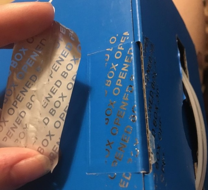 “This sticker, when pulled off, leaves behind a silver residue saying ’box opened.’”