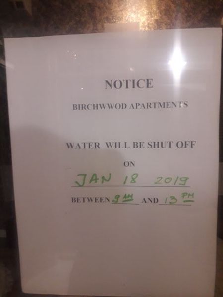 Notice Birchwwod Apartments Water Will Be Shut Off On Between 9 Al AND_13 Pm