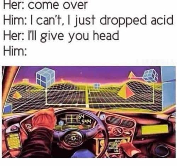 memes - come over i just dropped acid - Her come over Him I can't, I just dropped acid Her I'll give you head Him 64 1. Syy