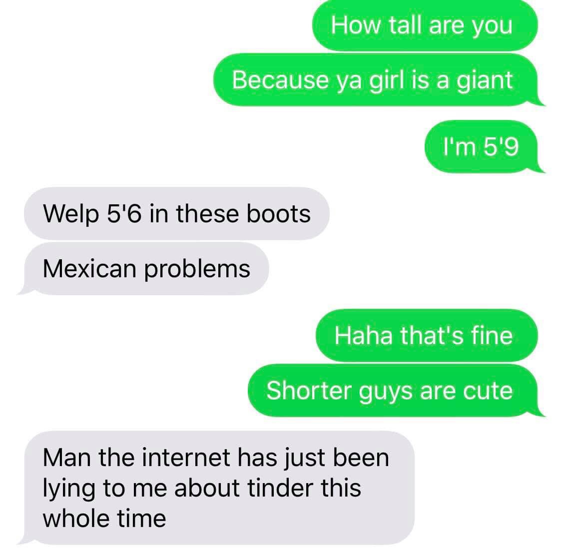 tinder - funny ways to shoot your shot - How tall are you Because ya girl is a giant I'm 5'9 Welp 5'6 in these boots Mexican problems Haha that's fine Shorter guys are cute Man the internet has just been lying to me about tinder this whole time