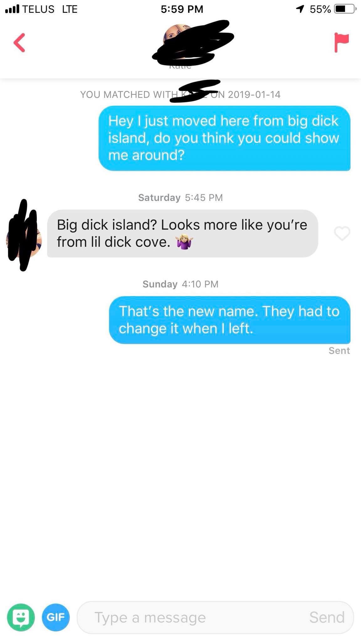 tinder - interactions funny meme - I Telus Lte 1 55% O Nu You Matched With Zon Hey I just moved here from big dick island, do you think you could show me around? Saturday Big dick island? Looks more you're from lil dick cove. Sunday That's the new name. T