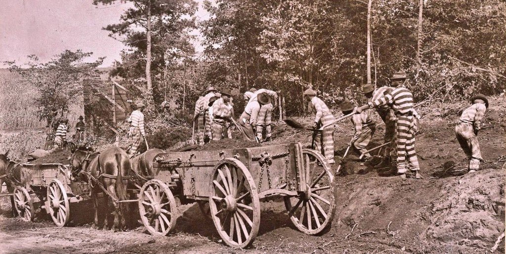 1917 - Members of a chain gang building roads for the State of South Carolina camp Wadsworth Spartanburg
