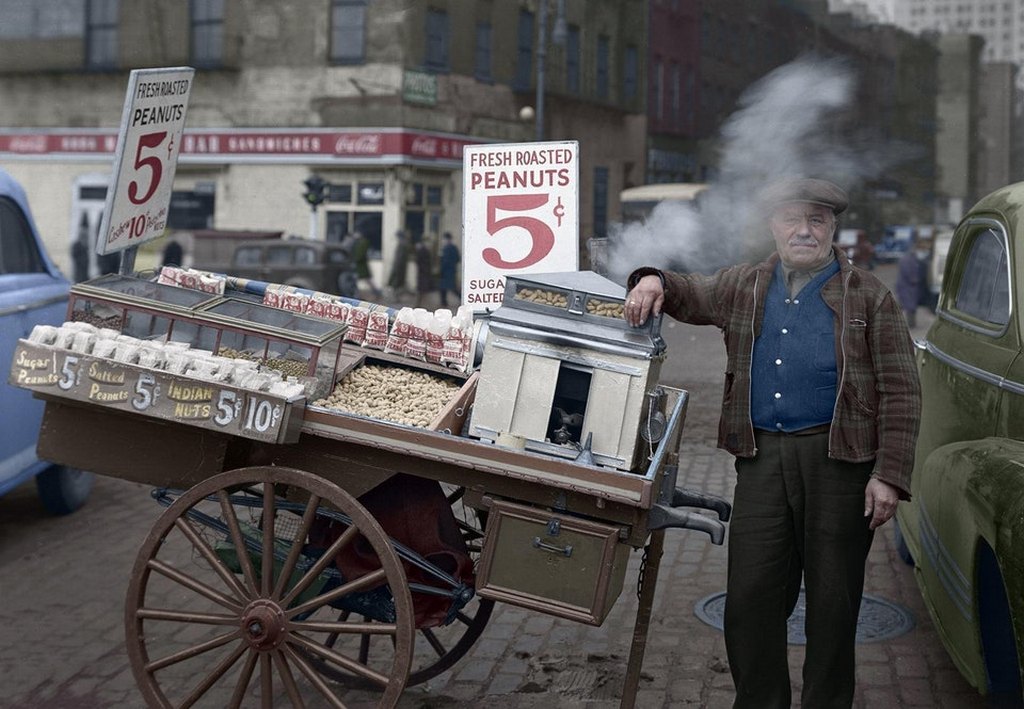 1945 - A peanut vendor at work in lower Manhattan