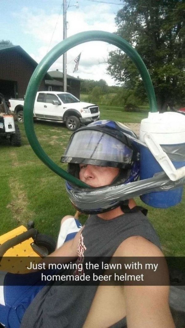 redneck inventions - Just mowing the lawn with my homemade beer helmet