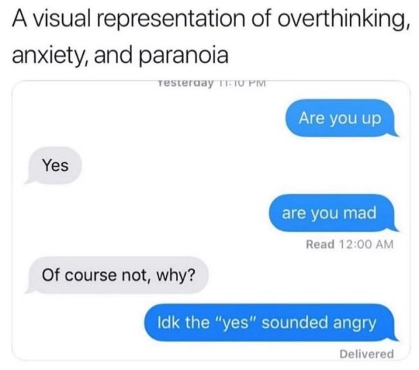 diagram - A visual representation of overthinking, anxiety, and paranoia Testerday Ti Tu Piv Are you up Yes are you mad Read Of course not, why? Idk the "yes" sounded angry Delivered