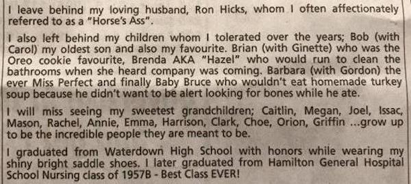 Woman’s obituary is the stuff of legend