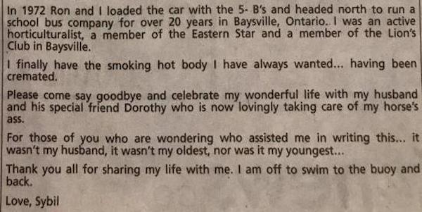 Woman’s obituary is the stuff of legend