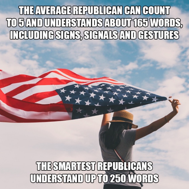 meme - The Average Republican Can Count To 5 And Understands About 165 Words, Including Signs, Signals And Gestures The Smartest Republicans Understand Up To 250 Words