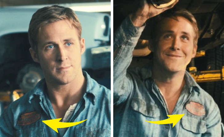 Drive: The brown label on Ryan Gosling’s shirt keeps appearing either on the right side or the left side.