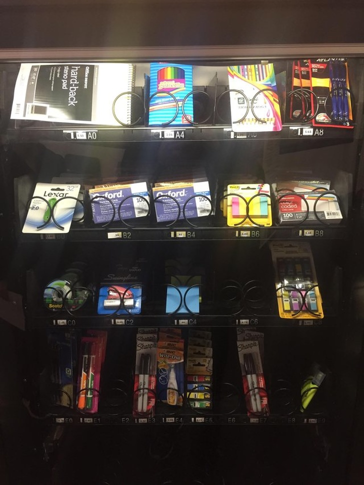 “The vending machine at my school has school supplies.”