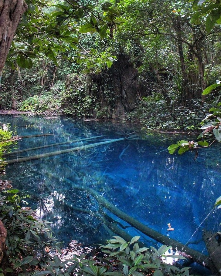 A mysterious pond with blue water