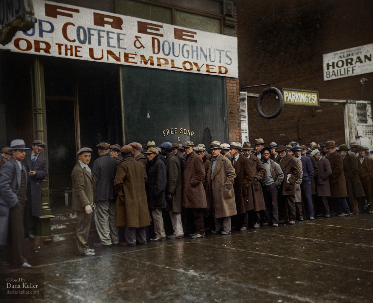 Line of unemployed Americans during the Great Depression.