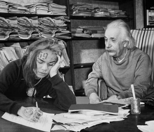 6ix9ine and Albert Einstein discuss matters of lyrical composition and general relativity.