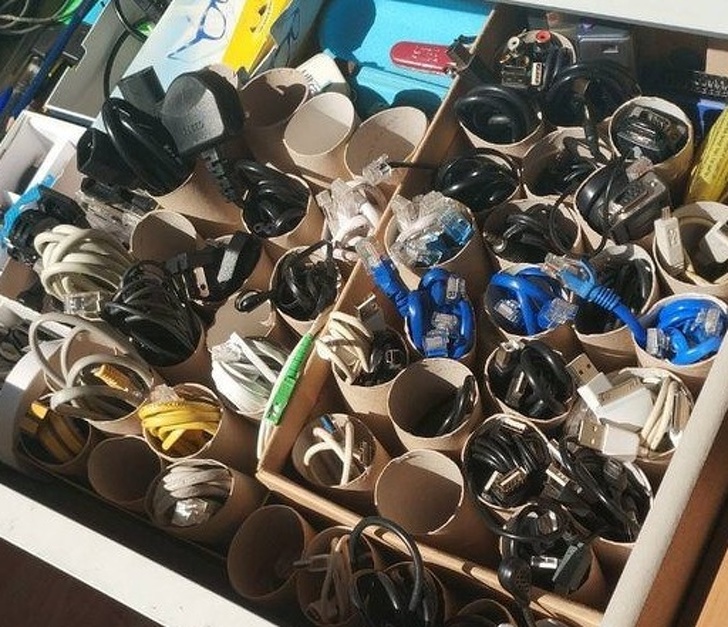 Use an empty toilet paper roll to neatly arrange all of your cables.