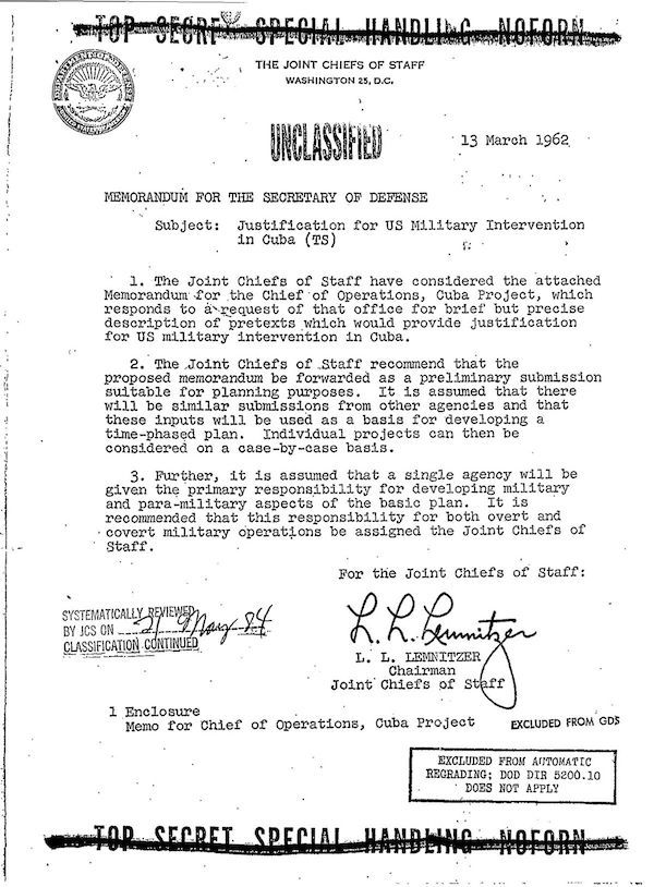 A plan to attack American cities to justify war with Cuba was approved by the Joint Chiefs of Staff in 1962. Rejected by President Kennedy, Operation Northwoods remained classified for 35 years.