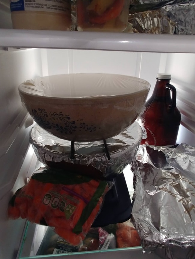 “Place 2 chopsticks across the top of a bowl to sit another one on for more space in the fridge.”