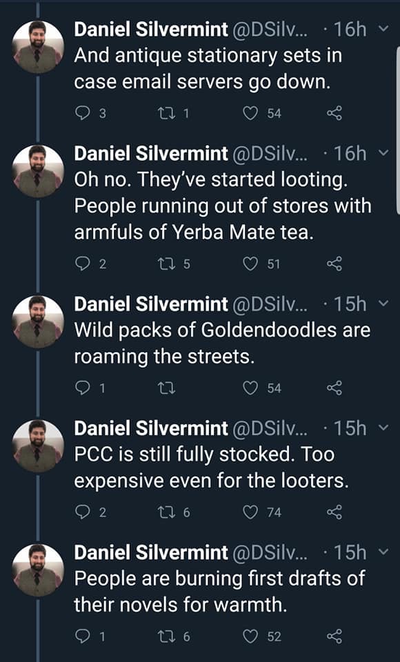 screenshot - Daniel Silvermint ... 16h And antique stationary sets in case email servers go down. O 3 2 1 54 Daniel Silvermint ... . 16h Oh no. They've started looting. People running out of stores with armfuls of Yerba Mate tea. O2 275 51 Daniel Silvermi