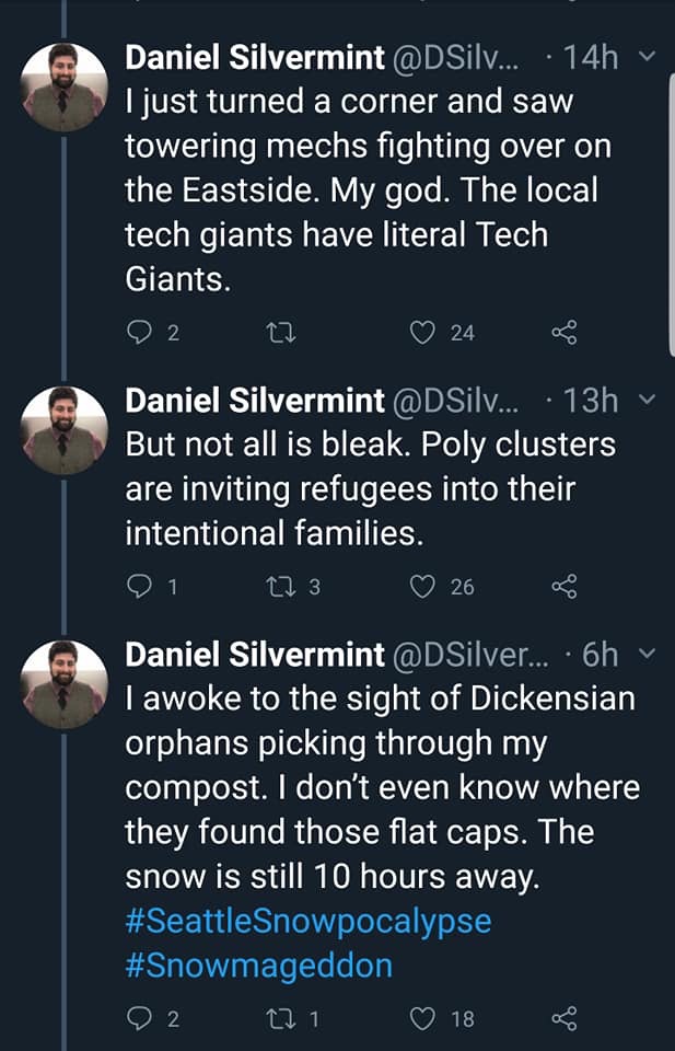 atmosphere - Daniel Silvermint ... . 14h I just turned a corner and saw towering mechs fighting over on the Eastside. My god. The local tech giants have literal Tech Giants. 102 27 24 % . Daniel Silvermint ... 13hv But not all is bleak. Poly clusters are 