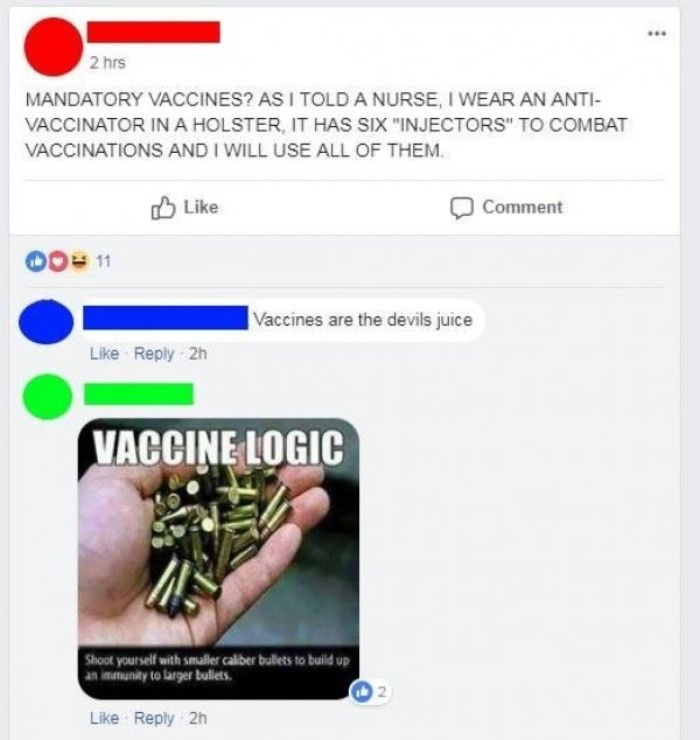 22 caliber bullet - 2 hrs Mandatory Vaccines? As I Told A Nurse, I Wear An Anti Vaccinator In A Holster, It Has Six "Injectors" To Combat Vaccinations And I Will Use All Of Them. Comment 00 11 Vaccines are the devils juice 2h Vaccine Logic Shoot yourself 