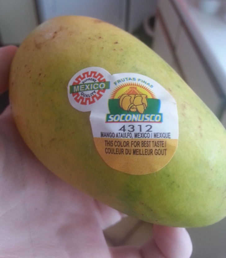 The sticker on this mango shows you what color the fruit should be for it to taste the best.