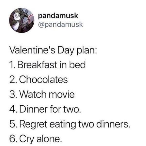 memes - circle - pandamusk Valentine's Day plan 1. Breakfast in bed 2. Chocolates 3. Watch movie 4. Dinner for two. 5. Regret eating two dinners. 6. Cry alone.