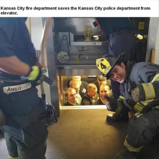 memes - firefighters save cops in elevator - Kansas City fire department saves the Kansas City police department from elevator. Ause