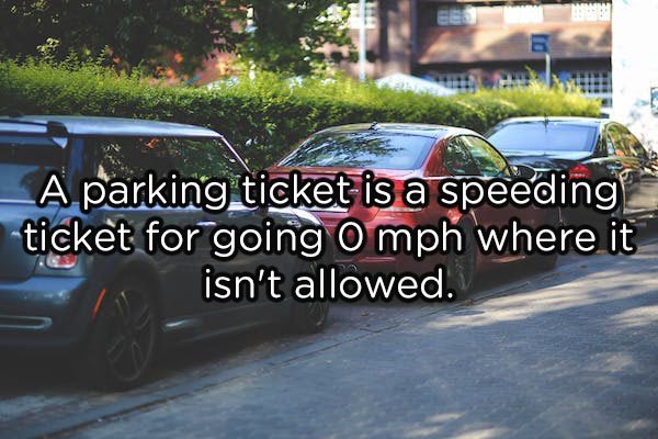 Car - A parking ticket is a speeding ticket for going O mph where it isn't allowed.