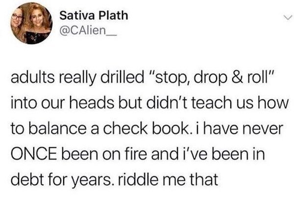 memes - smash mouth all star meme - Sativa Plath adults really drilled "stop, drop & roll" into our heads but didn't teach us how to balance a check book. i have never Once been on fire and i've been in debt for years. riddle me that