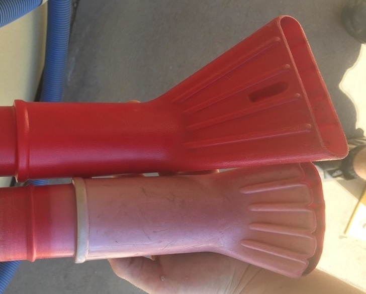 A car wash vacuum cleaner after 6 years of use and a new one of the same model