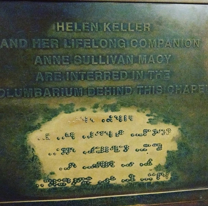 Braille on Helen Keller’s tomb worn away after decades of blind people reading it.