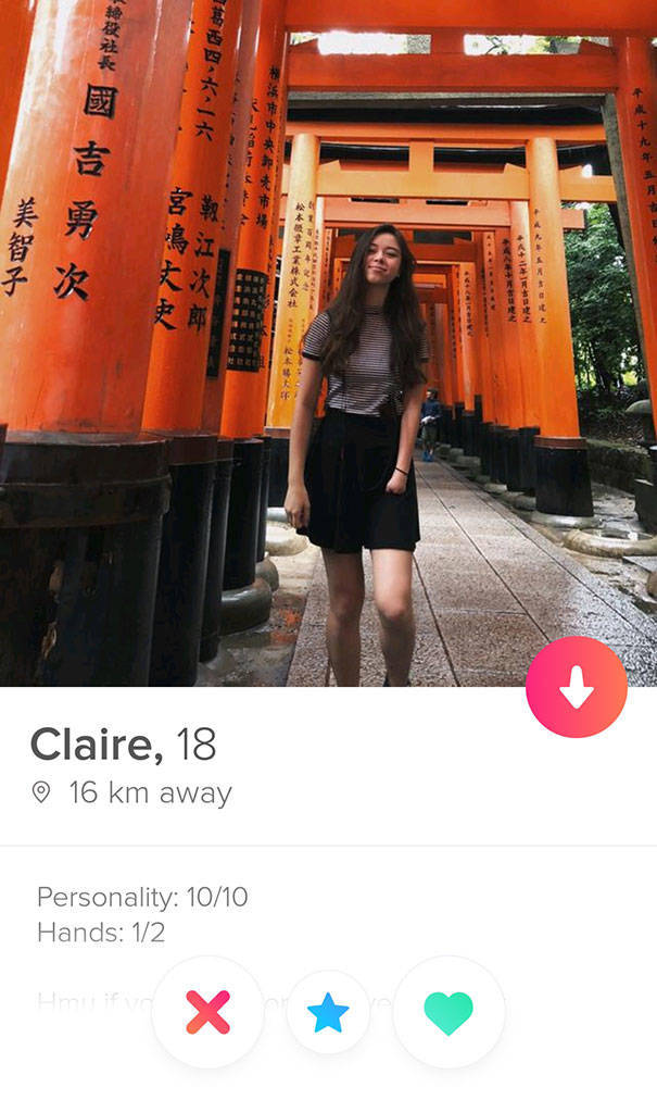 tinder - orange - Claire, 18 16 km away Personality 1010 Hands 12