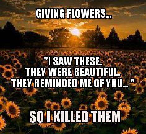 memes - Giving Flowers. "I Saw These. They Were Beautiful They Reminded Me Of You." So'I Killed Them