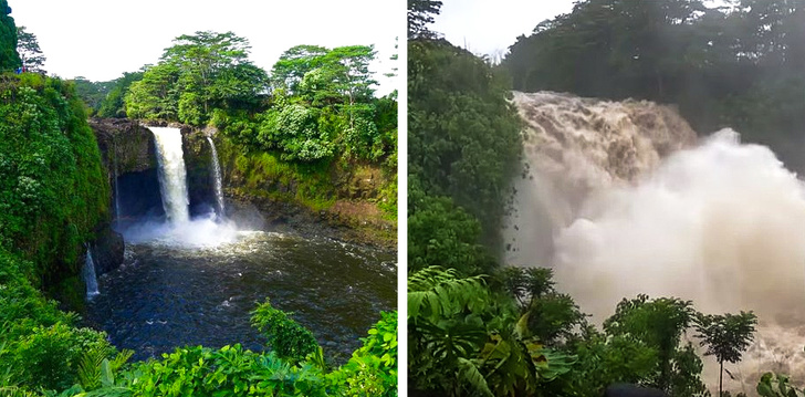 Rainbow Falls’ (Big Island, HI) normal waters vs hurricane floodwaters