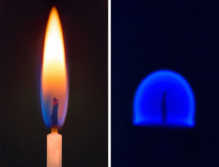 In zero gravity, a candle’s flame is round and blue.