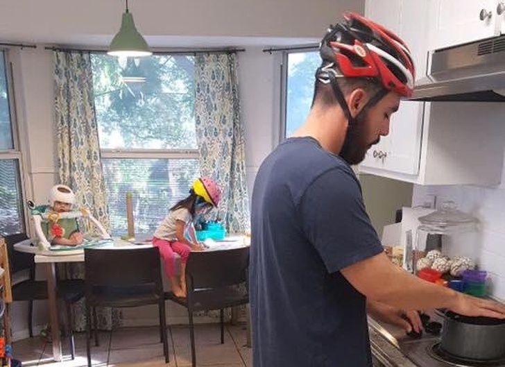 His baby has to wear a head-shaping helmet, so he’s got the whole family wearing helmets now.