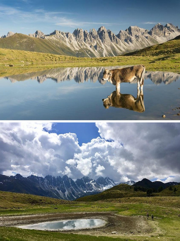 “Hiking to what we thought would be a big lake in the Alps, but found this dried out puddle instead.”