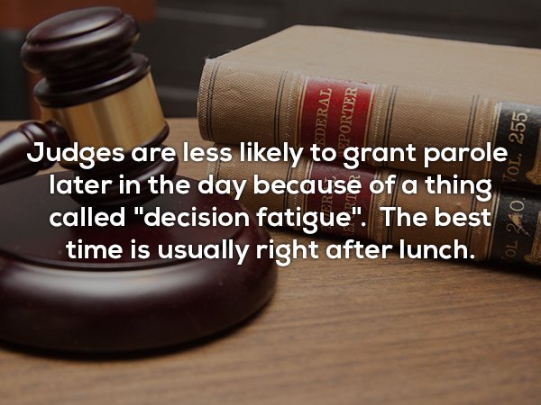 Eral Porter Judges are less ly to grant parole later in the day because of a thing called "decision fatigue". The best time is usually right after lunch.