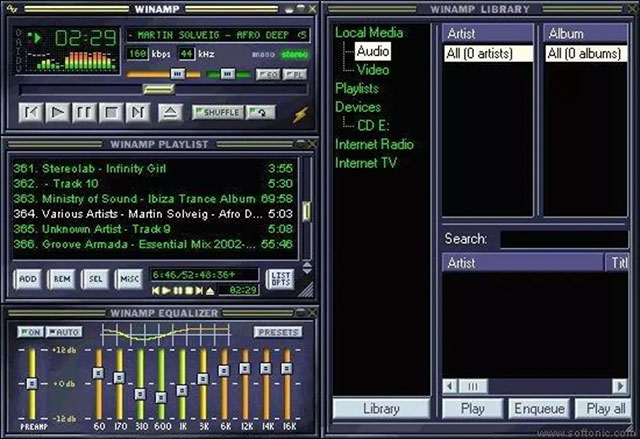 classic winamp - Winampe Winamp Library Martin Solveig Afro Deep || 160 kbps 44kHz so stereo Artist All 0 artists Album AllO albums Local Media Audio L... Video Playlists Devices Lcde Internet Radio Internet Tv K Moma Shuffle 2 Winamp Playlist 361. Stereo